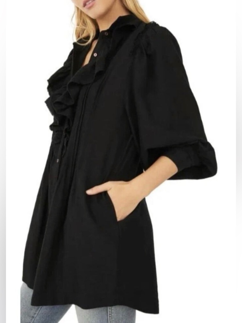Free People Bella Ruffle Front Tunic Blouse  Black size small